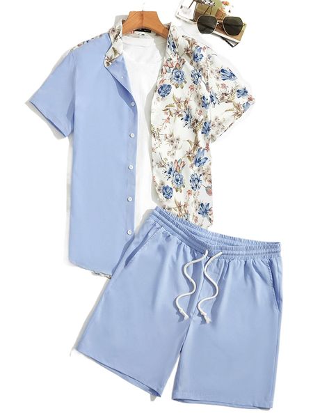 

men floral print shirt & drawstring waist shorts without tee 88pn#, Gray