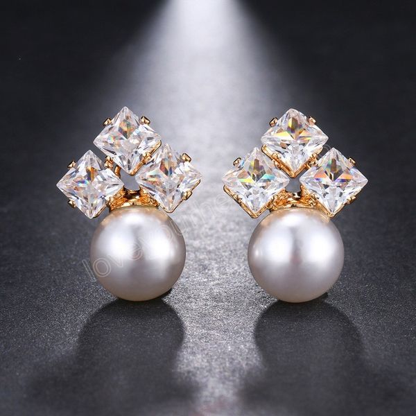 

crystal cluster drops pearl zircon earring for women cz bridesmaid stud earrings vintage bridal earrings jewelry chandelier, Golden;silver