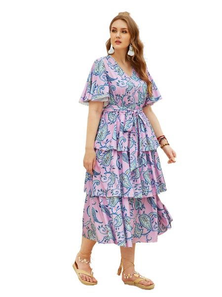 

plus paisley print layered ruffle hem belted dress s9pm#, Black