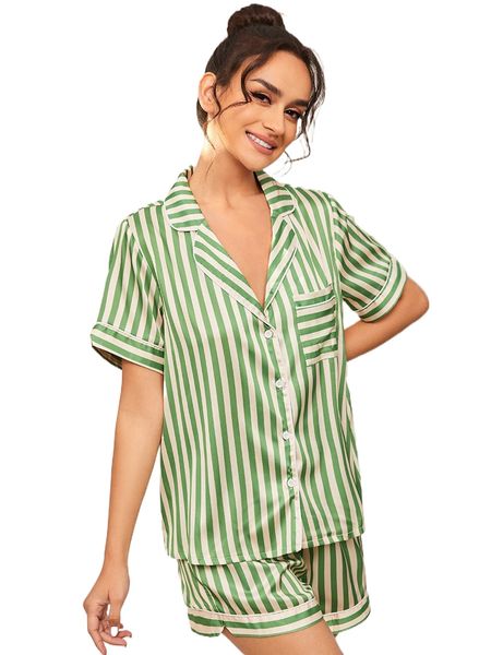 

striped print patched pocket pj set f1kl#, Black;red