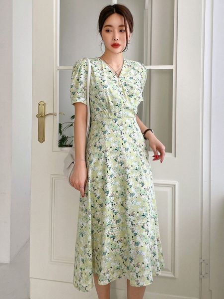 

dazy allover floral print surplice neck puff sleeve dress f3up#, Black;gray