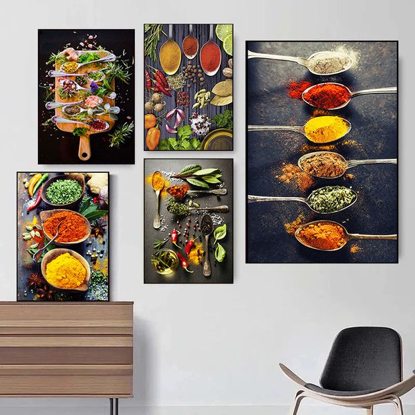 Tela de tempero de cozinha pintando pôster natural e imprimir alimentos deliciosos de parede moderna arte de lona de imagens decoração de sala de estar