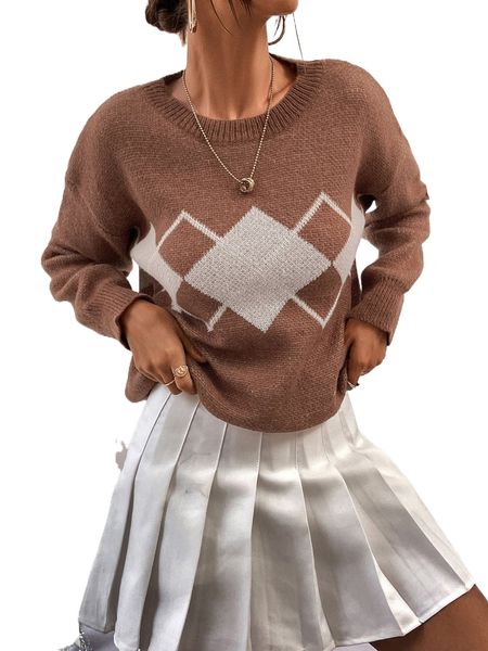 

argyle pattern drop shoulder sweater o3hy#, White;black