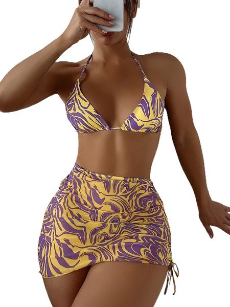 

allover print halter triangle bikini swimsuit with beach skirt m8i0#, White;black