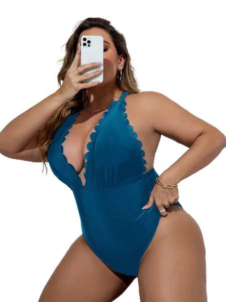 

plus scallop trim crisscross back one piece swimsuit l30p#, White;black
