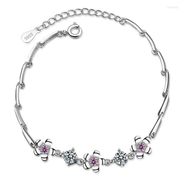 Bracelets porte-bonheur mignon cristal rose fleur pour femmes bijoux Top qualité 925 Bracelet en argent Sterling filles fête accessoires avec pierre Kent2