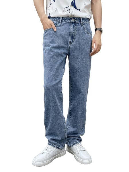 

men slant pocket straight leg jeans d5e6#, Blue