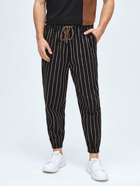 

men striped print drawstring waist pants q2mv#, Black