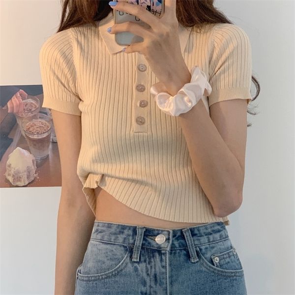 

2 colors summer vintage turn down collarsolid color short sleeve knitted tshirts womens tee shirt femme women c1271 t200614, White