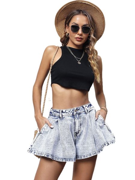 

high waist wide leg denim shorts w3dm#, White;black