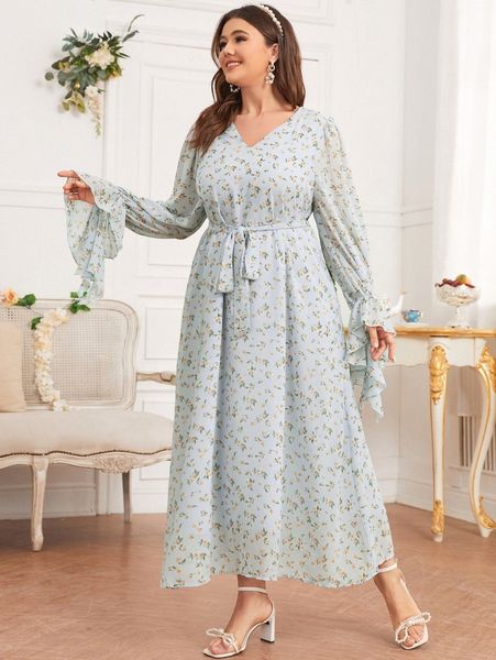 

plus ditsy floral print flounce sleeve belted dress u6uh#, Black