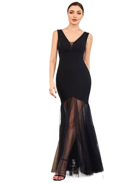 

ever-pretty plunging neck mesh overlay dress y5bg#, Black;gray