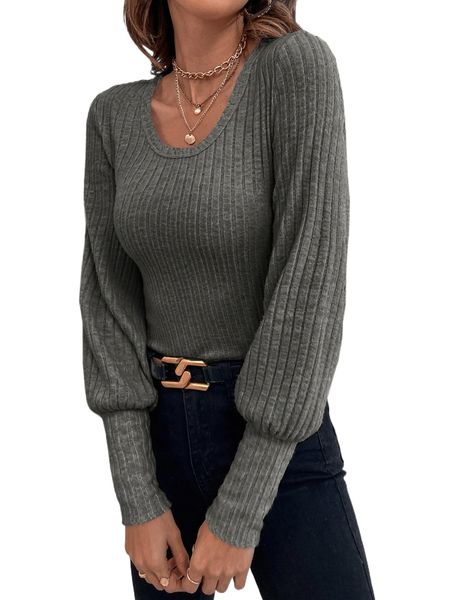 

ribbed knit lantern sleeve tee k2zg#, White