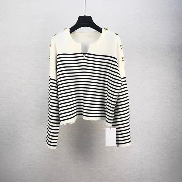 

2022 designer high-end autumn winter sweater stripe knitting pullover women v-neck long sleeves loose sweater cel, White;black