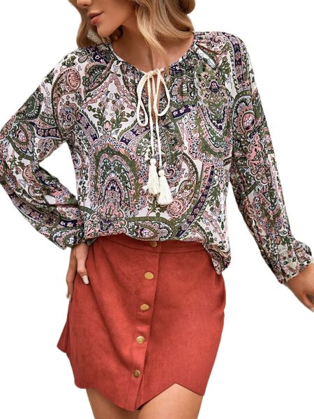 

allover print tie neck blouse o16i#, White