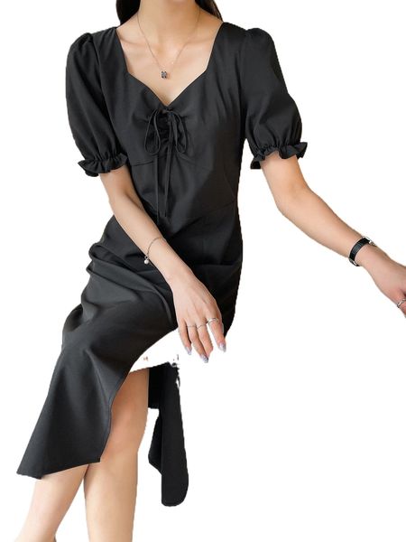 

dazy knot front split hem dress 15vm#, Black;gray