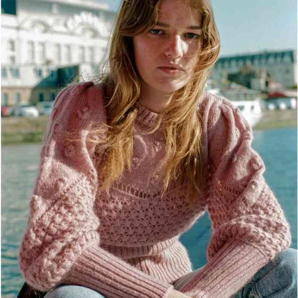 

women's knits tees legal system ro family 0 autumn and winter round neck lamb leg sleeve hook flower hollow out design bubble sweater, White