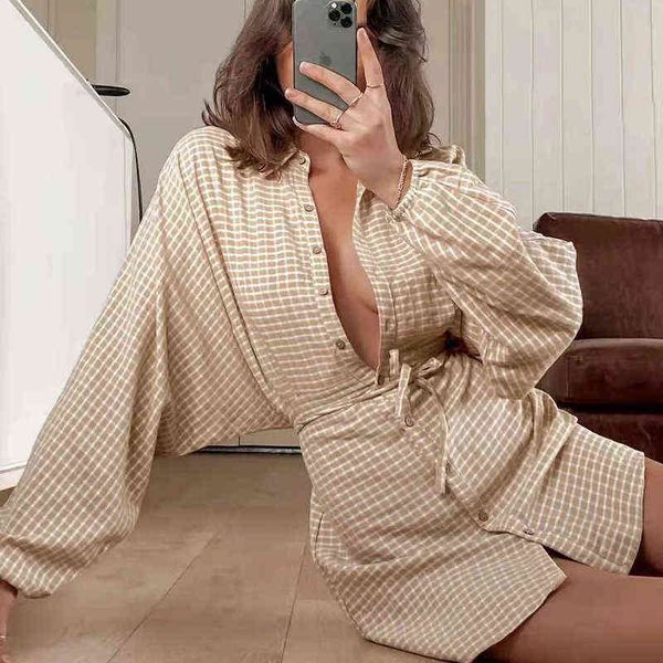 

cotton linen batwing sleeve plaid shirt dress women sash button casual autumn kahki short dress office vinatge dress l220714, Black;gray