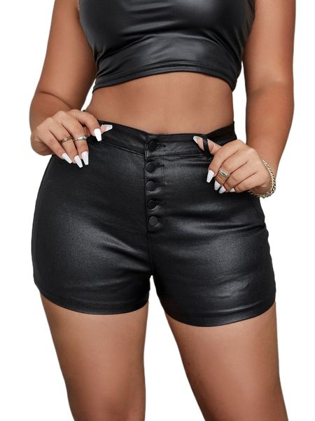 

apperloth a plus button fly pu leather skinny shorts 76ep#, Black