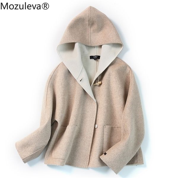 

autumn and winter hooded double-faced goods woolen coat women's 210416, Tan;black