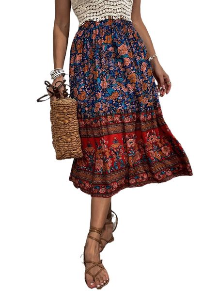 

f.loral & striped print r.uffle h.em s.kirt d9oq#, Black