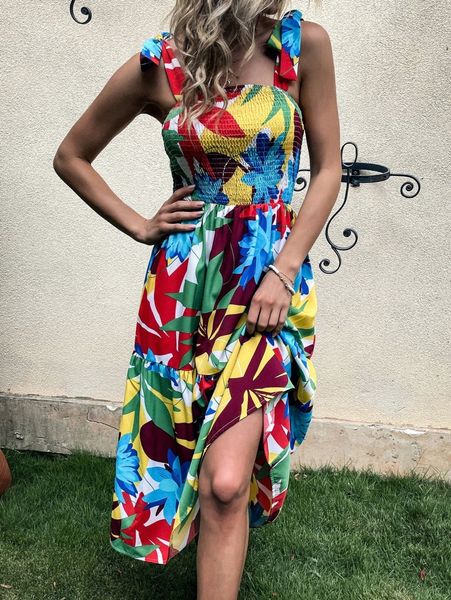 

floral print shirred tie shoulder ruffle hem cami dress g1im#, Black;gray