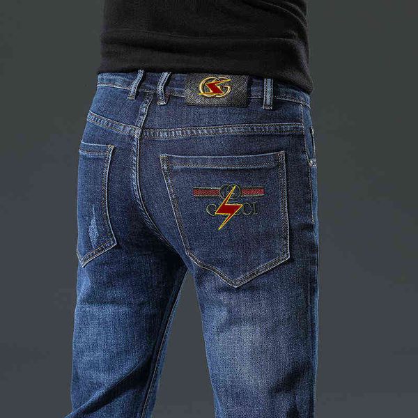 Тонкие летние бренды джинсы мужская слабая малая прямая трубка темно -синяя вышивка корейская версия двойная молодежные брюки