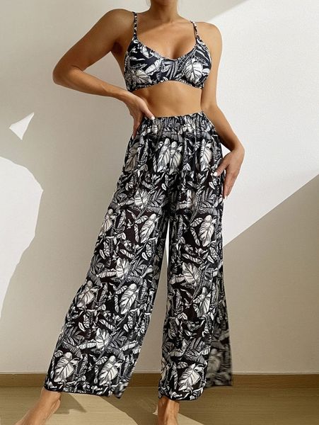 

plant print bikini swimsuit with cover up 72hz#, White;black