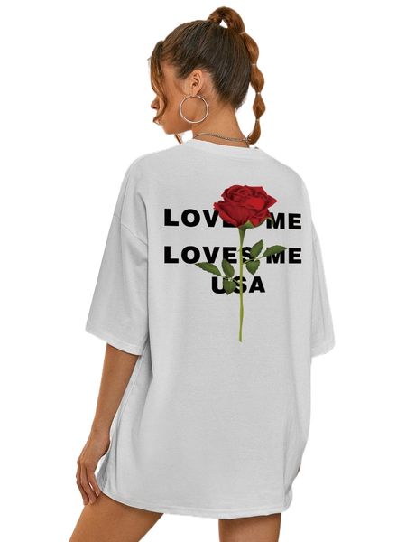 

floral and slogan graphic drop shoulder tee q2f8#, White