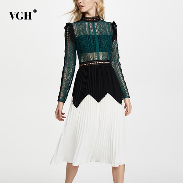 

patchwork hollow out dress for women stand collar sleeve hit color ruched high waist perspective dresses female fashion 210507, Black;gray