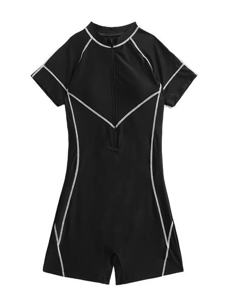 

z.ip front o.ne p.iece swimsuit v9th#, White;black