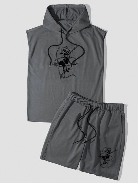 

men rose print drawstring hooded tank & shorts n7x6#, Gray