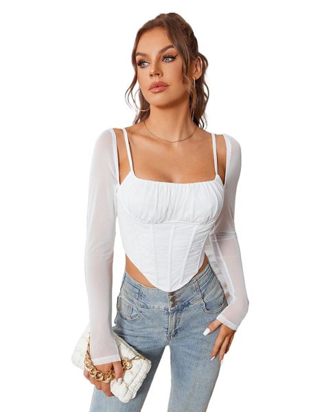 

parthea ruched bust cut out curved hem square neck mesh f95r#, White