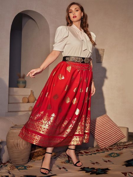 

plus puff sleeve tie neck & gold print skirt without belt f1nk#, Black