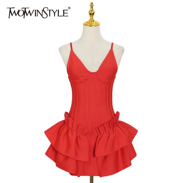 

ruffle patchwork sling dress for women v neck sleeveless high waist slim mini dresses female fashion 210423, Black;gray