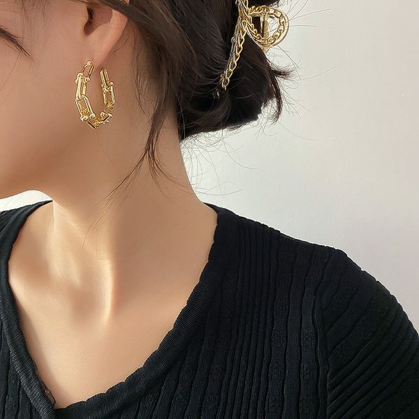 

925 silver needle retro geometric chain earring ring/stud earring korean cold style metal earrings fashion and personalized eardrop women, Golden