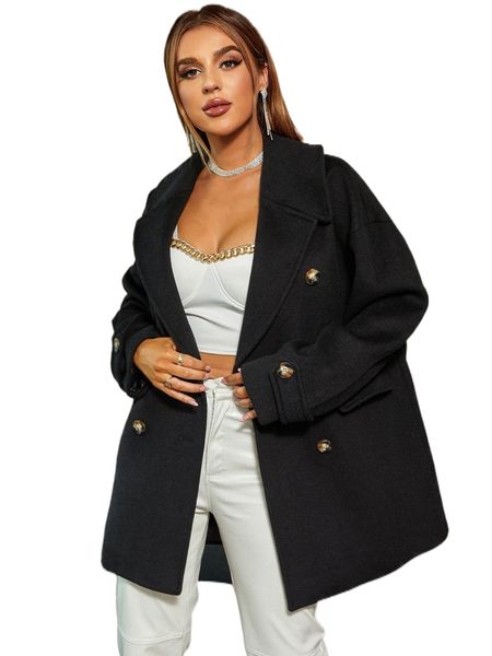 

miegofce lapel neck double button drop shoulder overcoat d7k2#, Black