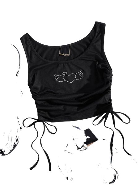

rhinestone heart drawstring side crop tank o0kg#, White