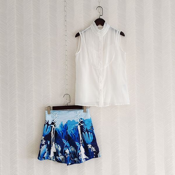 

women's two piece pants white pleat sleeve blue printed shorts set