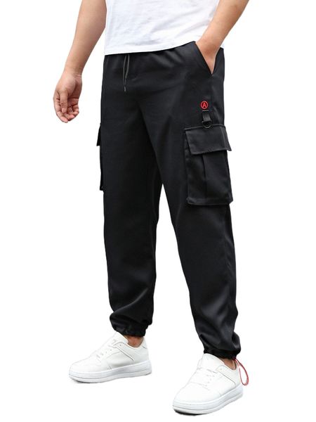 

men letter embroidery flap pocket drawstring waist cargo pants q0nk#, Black