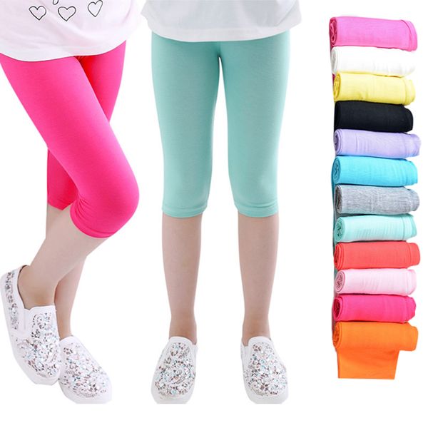 

3-10 years girls solid bright color bottoms leggings kids summer knee length skinny adjustable waist elastic pants baby spring-summer all-ma, White