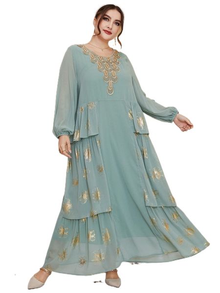 

plus random golden floral print lantern sleeve layer hem smock dress a9ls#, Black
