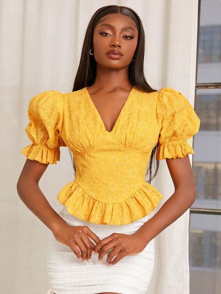 

newness floral print ruffle hem puff sleeve blouse b9rw#, White