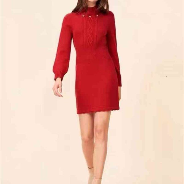 

women's knits tees law ro family autumn winter christmas red embroidered flower long sleeve round neck twist knitted dress, White