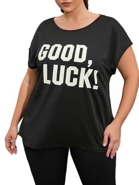 

plus slogan graphic batwing sleeve sports tee 70yq#, Black