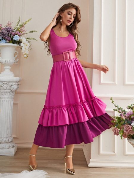 

colorblock ruffle layer hem belted dress 09uh#, Black;gray