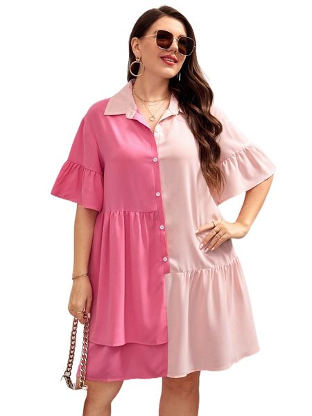 

plus two tone flounce sleeve shirt dress c1ax#, Black