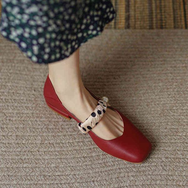 

boots literary style one line buckle mary jane shoes women's thick heel soft leather bean single middle flat bottom wine red q7j4, Black