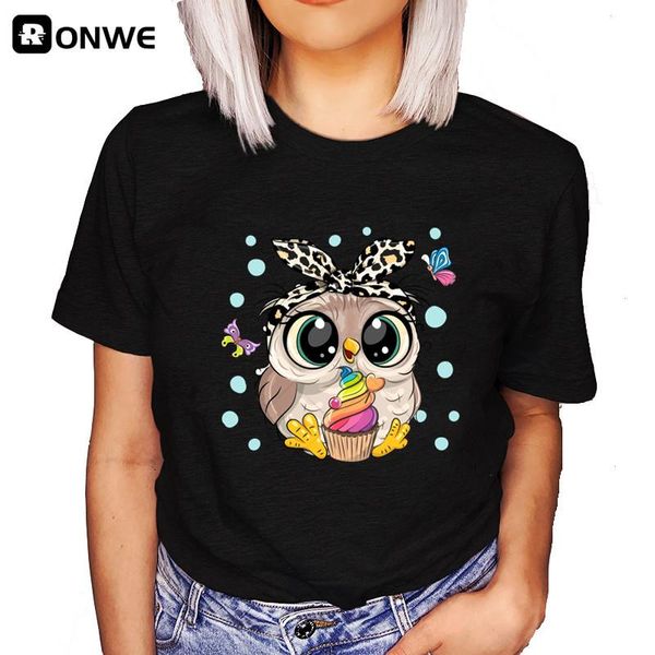 Tendência de moda fofa coruja gráfica impressa camiseta feminina casual harajuku tripulação pescoço ladrinhas drop ship