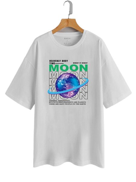 

slogan & planet print drop shoulder tee a3ob#, White
